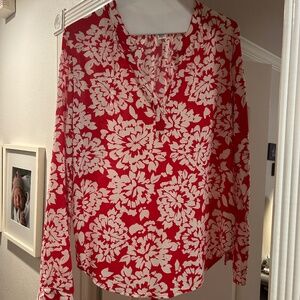 Velvet by Graham & Spencer Shirt Floral Red White Spliced Neck Flowy Top S